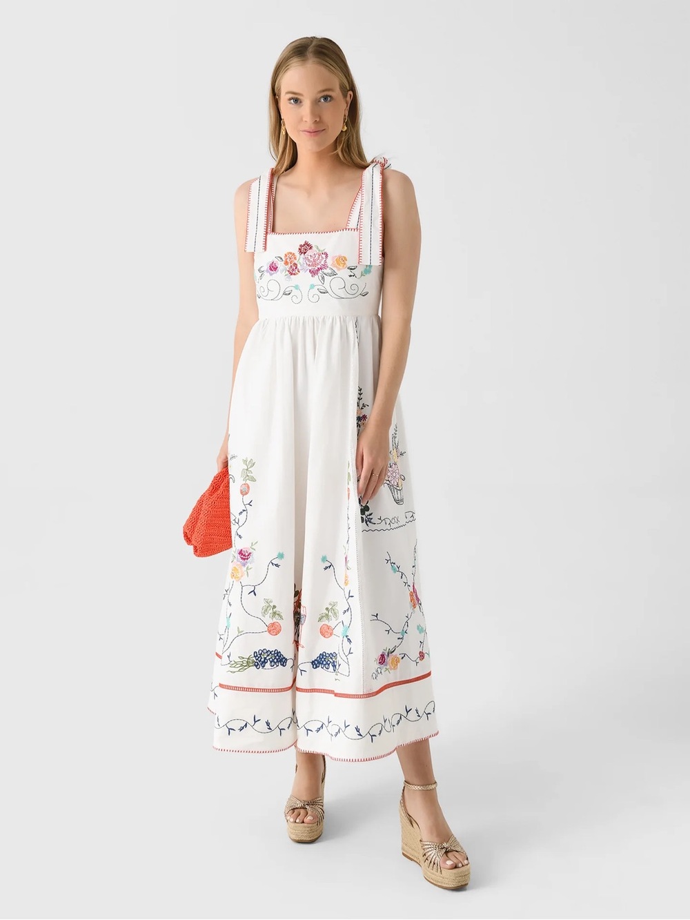 HUNTER BELL Stefy White Floral Embroidered Tie-Shoulder Maxi Dress
